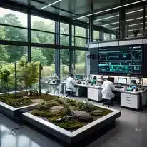 Tecnología Ecológica: Un sereno paisaje verde con frondosos árboles y colinas, con un laboratorio de tecnología ecológica de última generación.